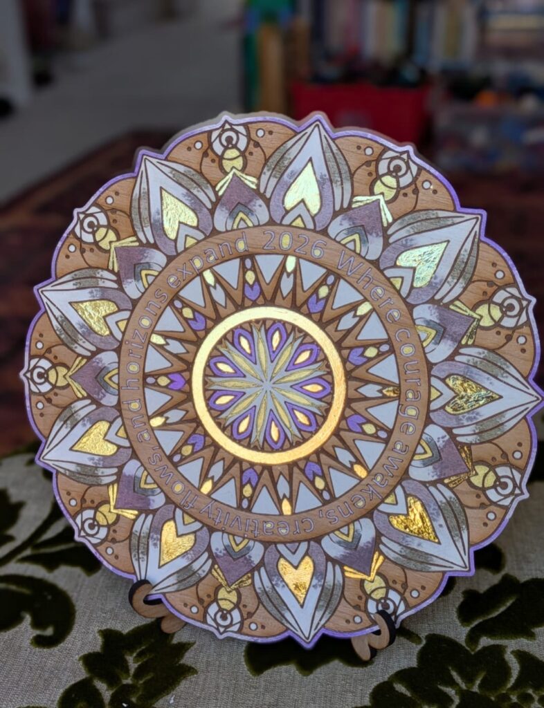 Silver and gold leaf mandala with personal Sacred Word Intention inscription â€” Amberlights Norwich workshop